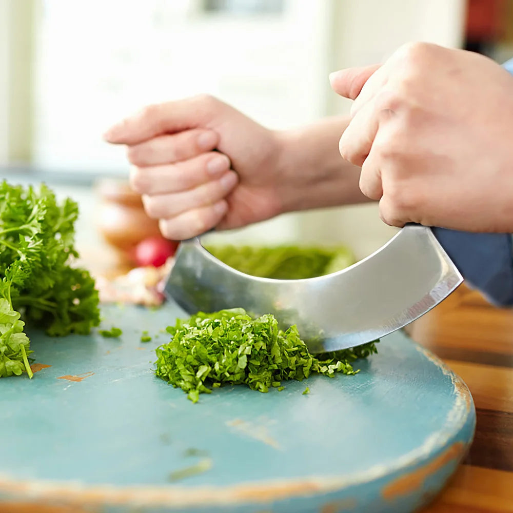 Couteau Mezzaluna en acier inoxydable, joli trancheur de fruits, salade, légumes