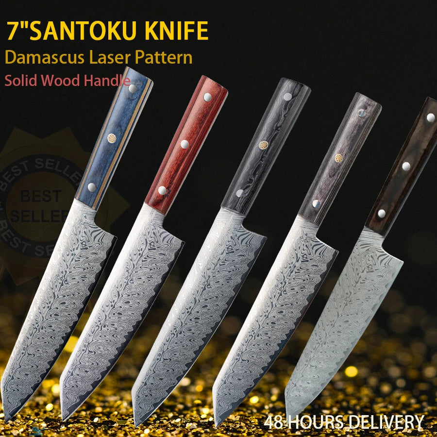 Chef Knife Kitchen Knives Laser Damascus Pattern Sharp Japanese Santoku Knife Cleaver Slicing Knife Solid Wood Handle Cuchillos